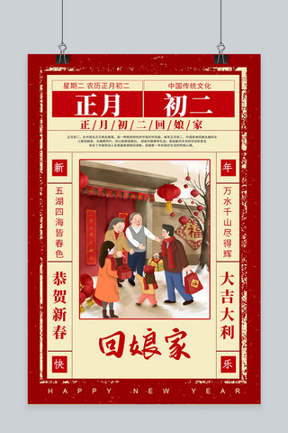 春节初二海报海报模板_正月初二春节习俗红色复古日历活动海报
