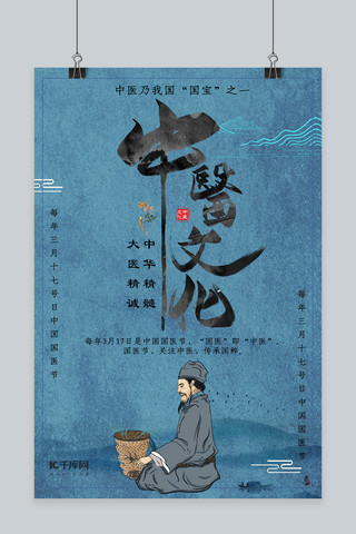中医文化中国国医节中医蓝色古风海报