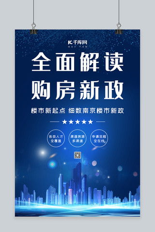 蓝色政策海报海报模板_购房新政政策蓝色大气海报