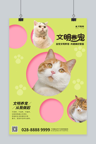 文明养宠物猫粉色简约海报
