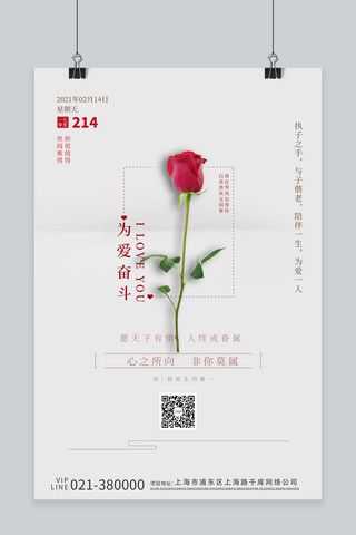 情人节玫瑰花灰色简洁海报