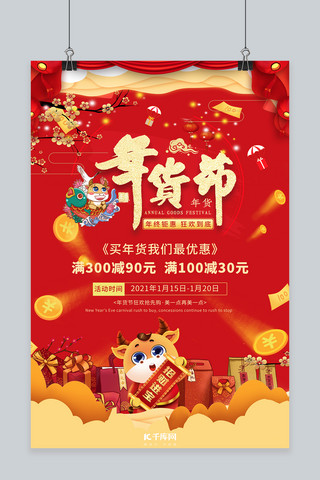 年货节年货节卡通牛礼物盒金币红色中国风海报
