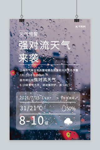 天气ui海报模板_暴雨提示雨滴玻璃冷色调摄影图海报自然灾害