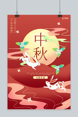 剪纸玉兔海报模板_中秋节玉兔红色剪纸风海报