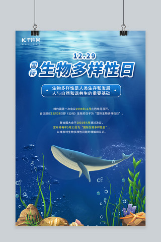 海洋生物边框海报模板_国际生物多样性日海洋动物蓝色简约,插画海报