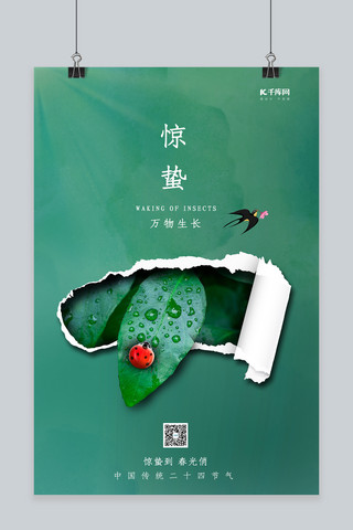 绿色背景树叶海报模板_惊蛰节气树叶昆虫绿色简约海报