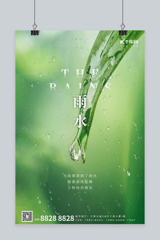 雨水节气雨珠雨滴绿色简约海报