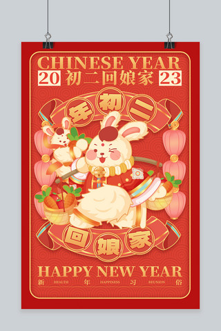 初二回娘家新年习俗红色简约海报