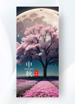 粉色月亮海报模板_中秋节月亮樱花树粉色AIGC插画海报