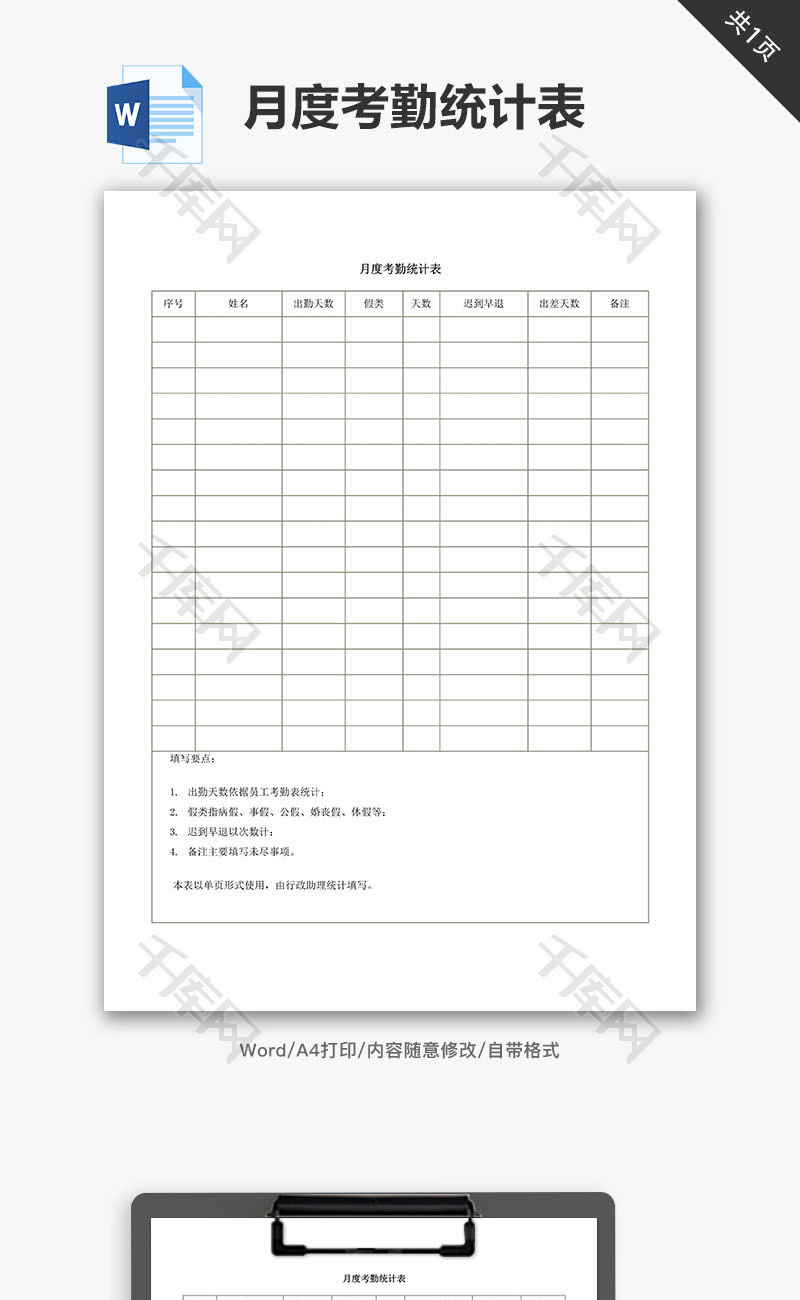 中小企业月度考勤统计表