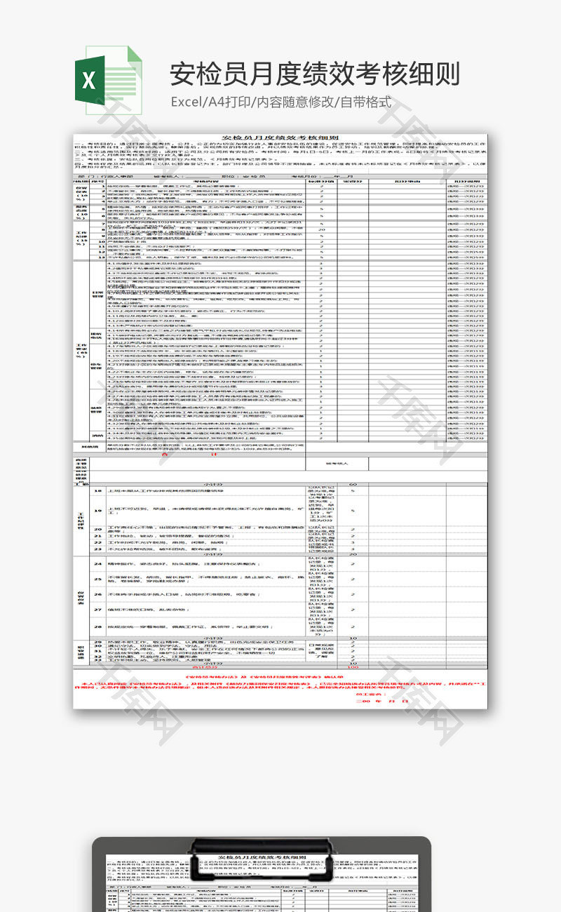 保安月度绩效考核表Excel模板