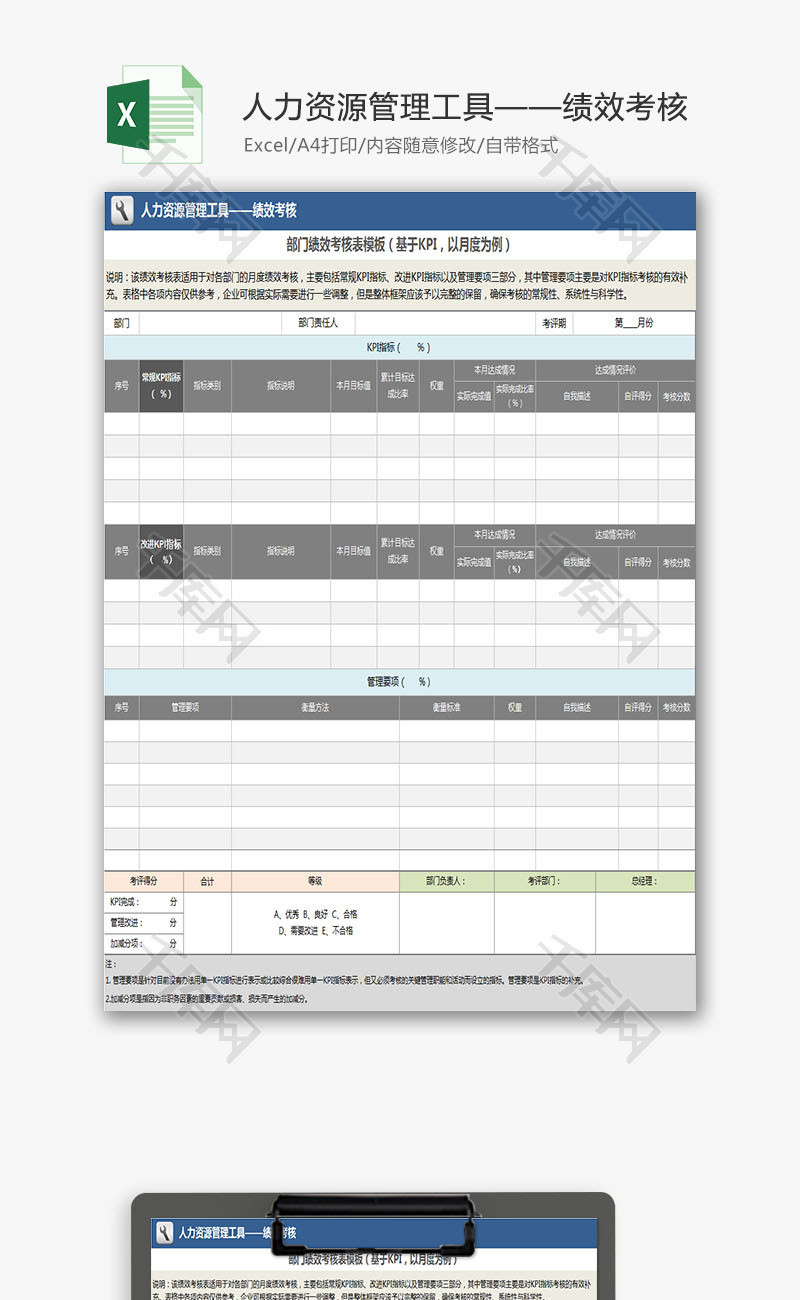 部门绩效考核表模板Excel模板