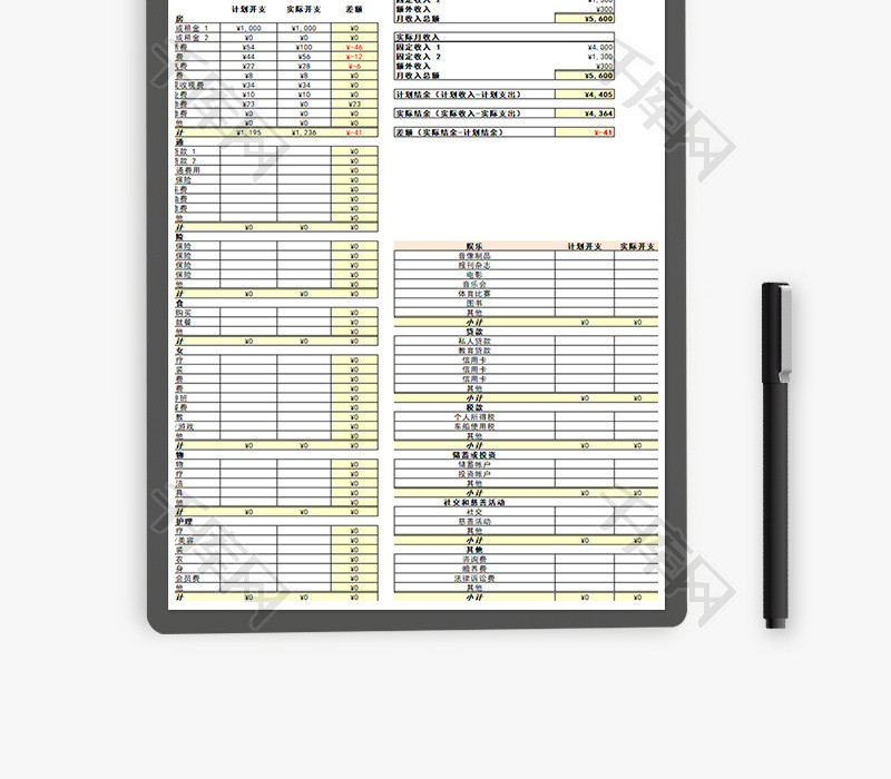 财务家庭月度预算表excel模板