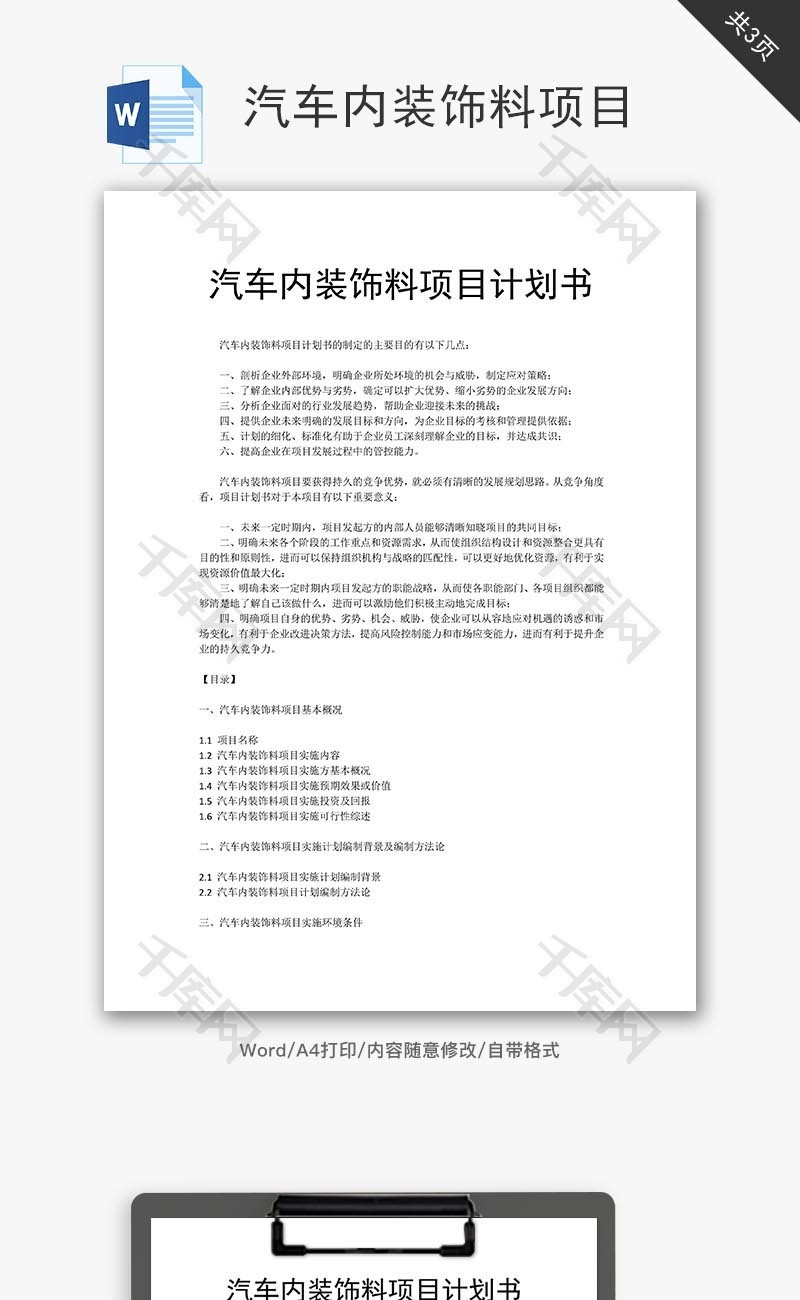 汽车内装饰料项目计划书word文档