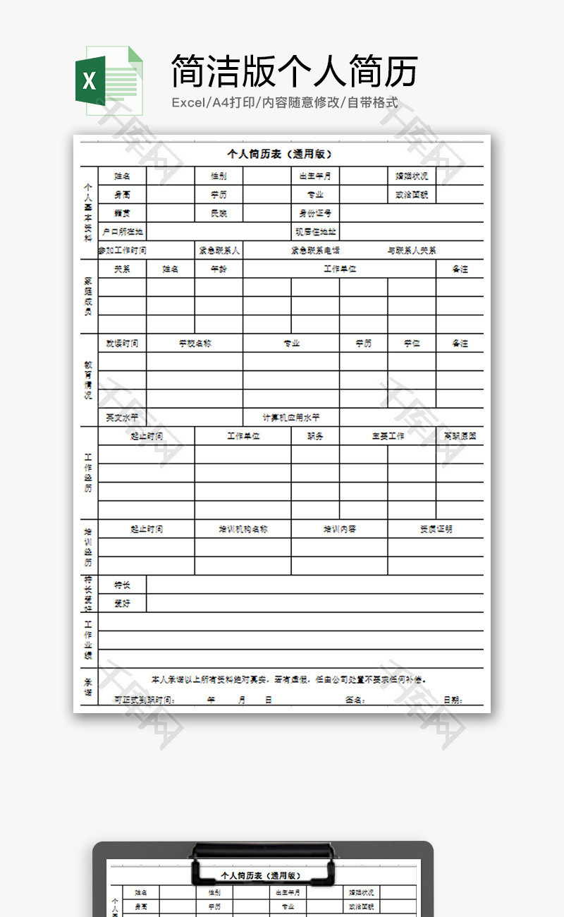 个人 简洁版个人简历 Excel模板