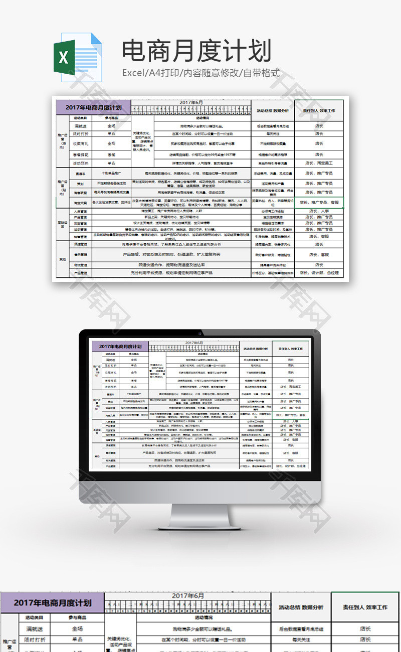 个人电商月度计划Excel模板