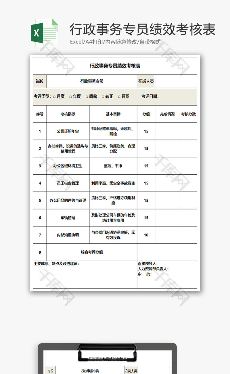 行政事务专员绩效考核表Excel模板