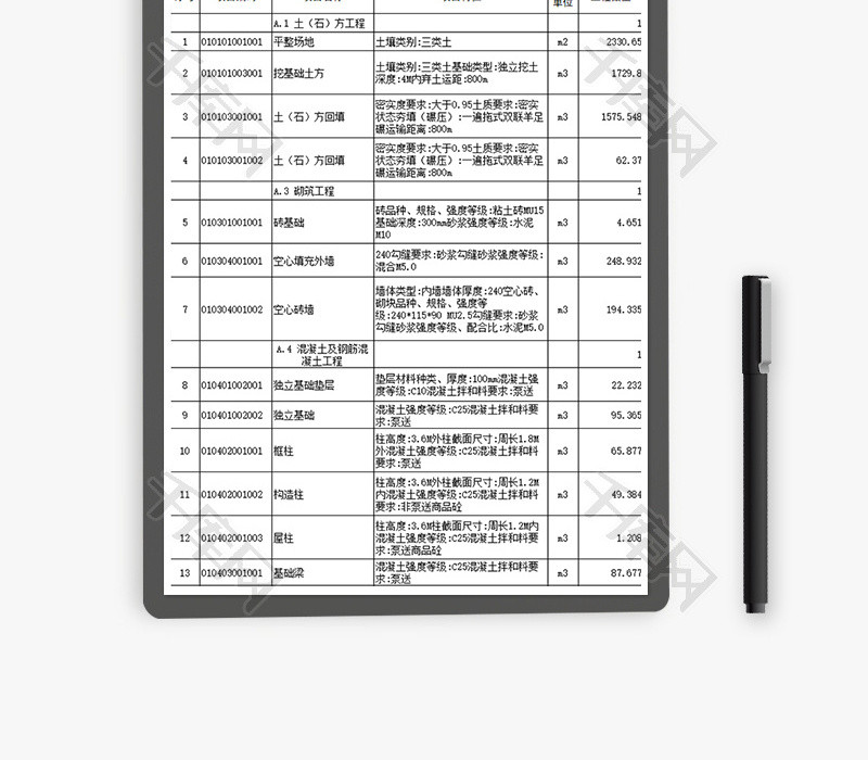 财务工程量清单excel模板