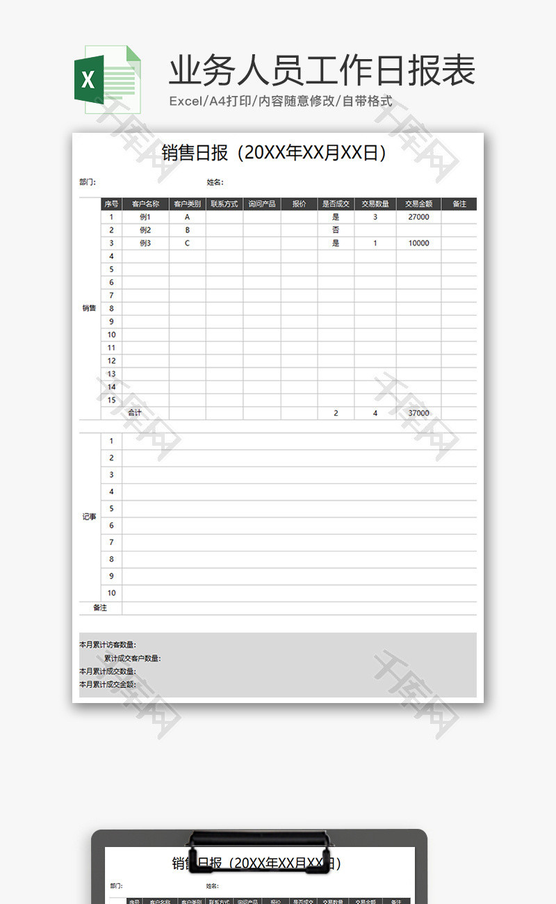 财务销售业务人员工作日报表excel模板