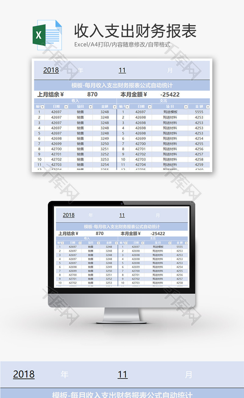 财务每月收入支出财务报表excel模板