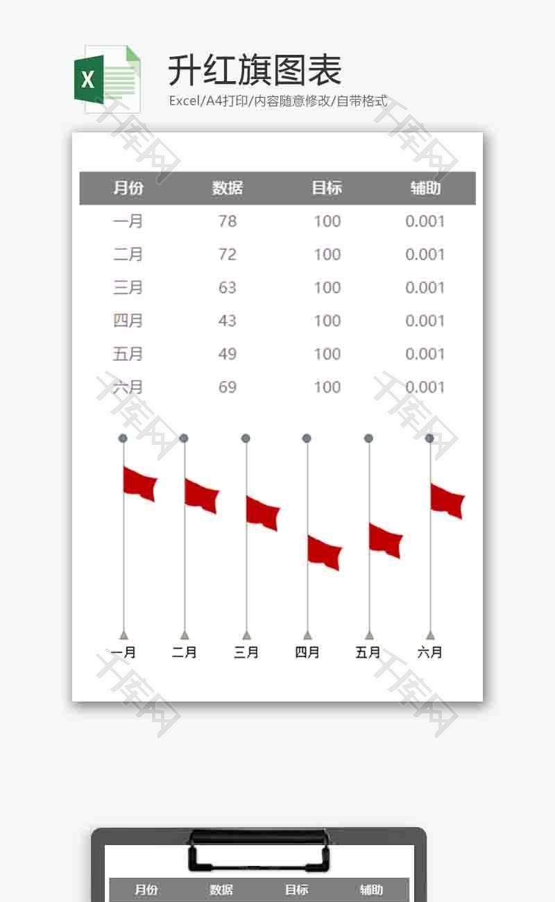 企业办公升红旗图表excel模板
