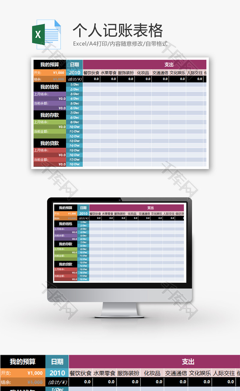 完美适用的个人记账表格Excel模板