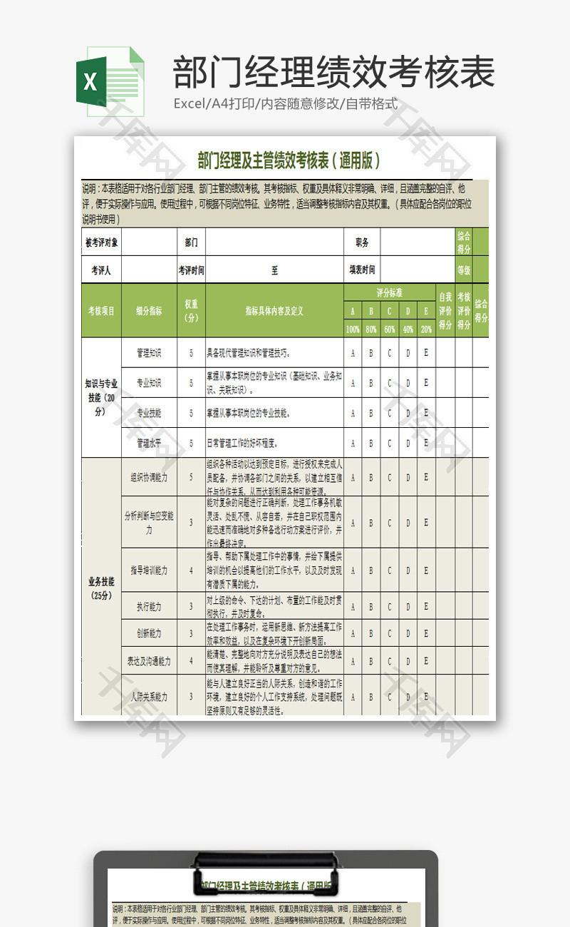 部门经理绩效考核表Excel模板
