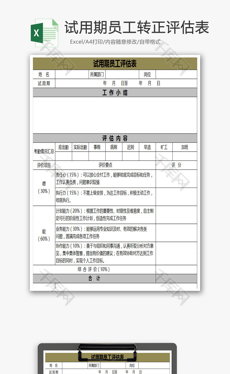 试用期员工转正评估表EXCEL表模板