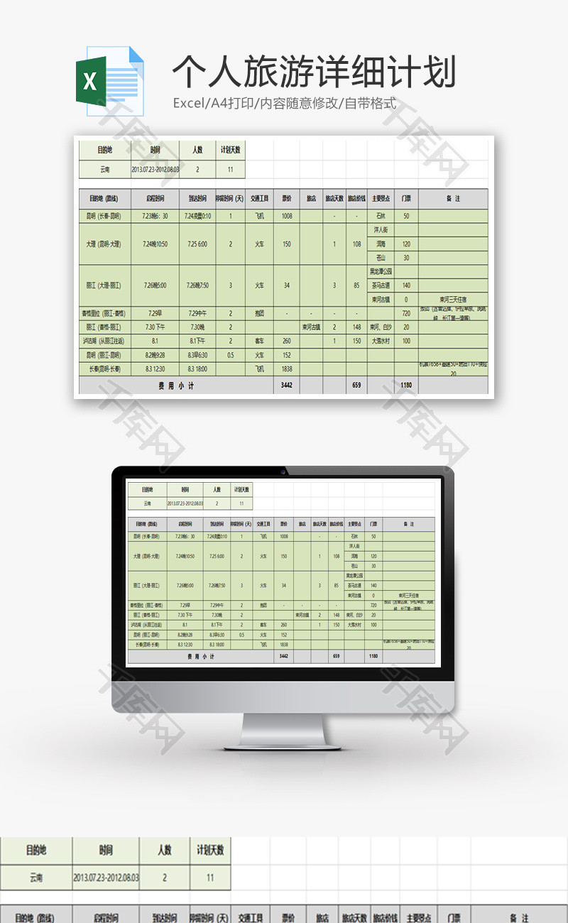 个人旅游详细计划Excel模板