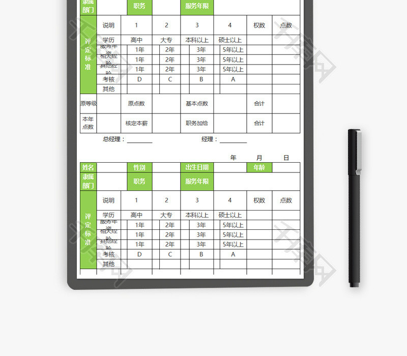 员工工资级数评定表Excel模板