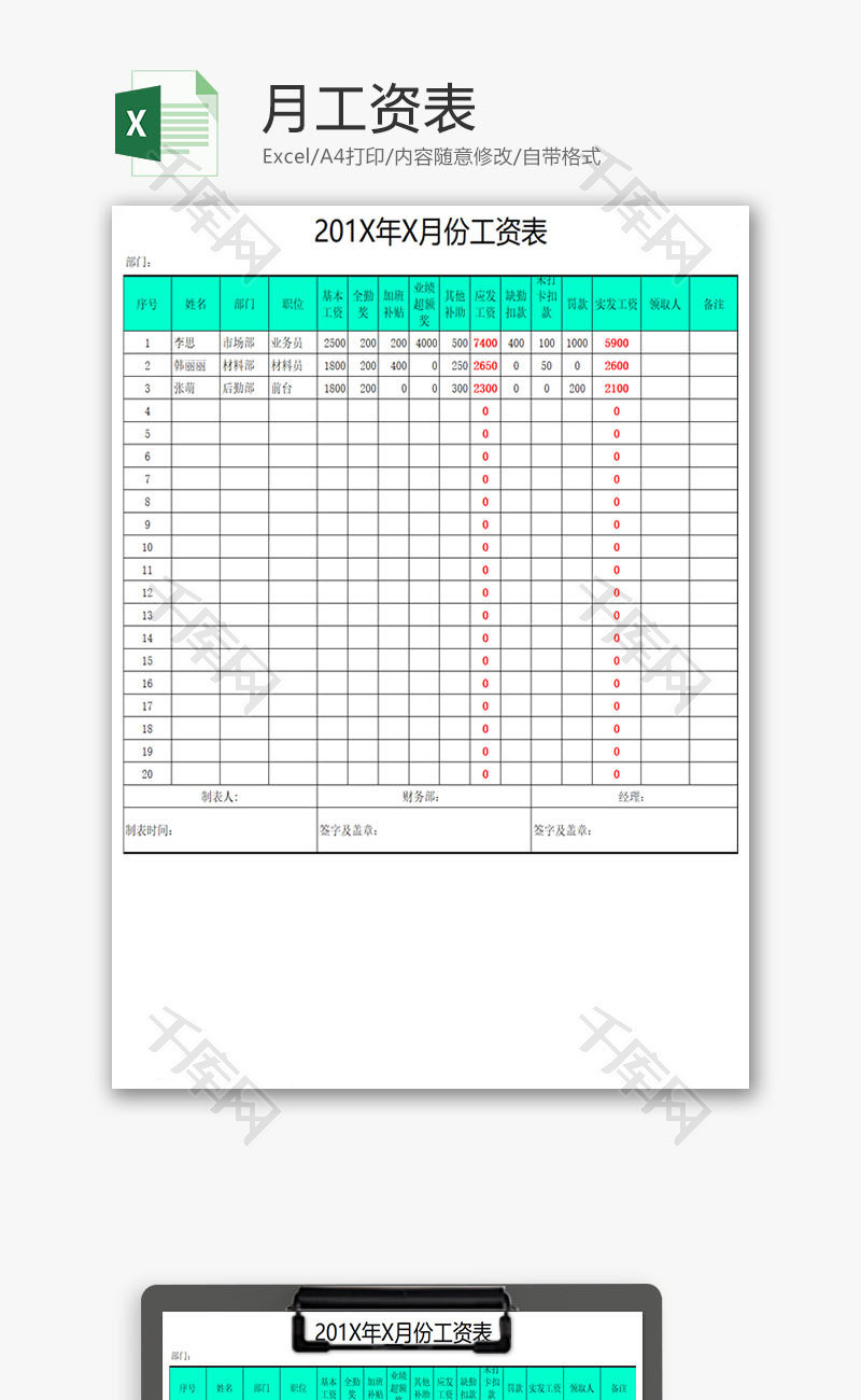 月工资表Excel模板