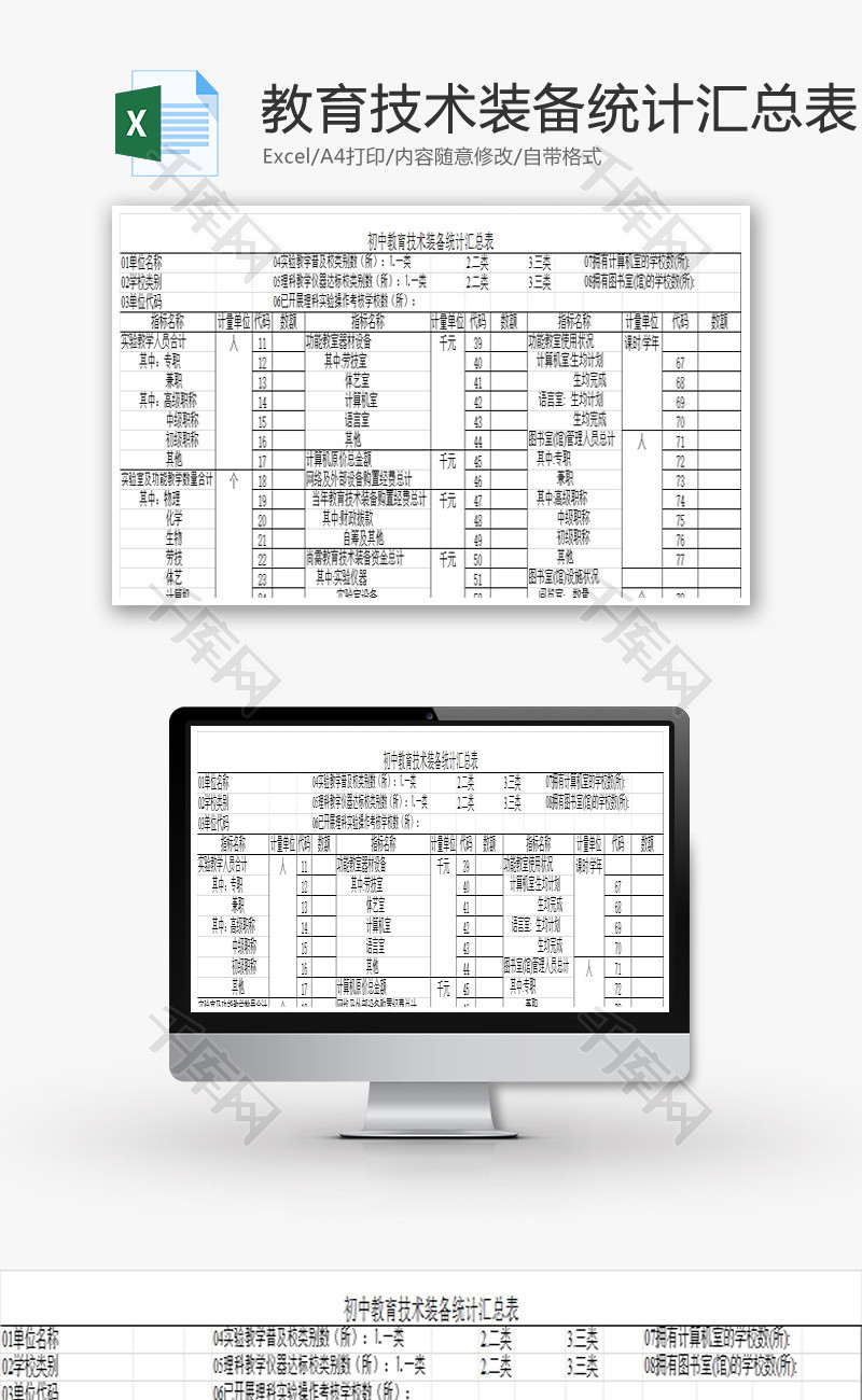 初中教育技术装备统计汇总表Excel模板