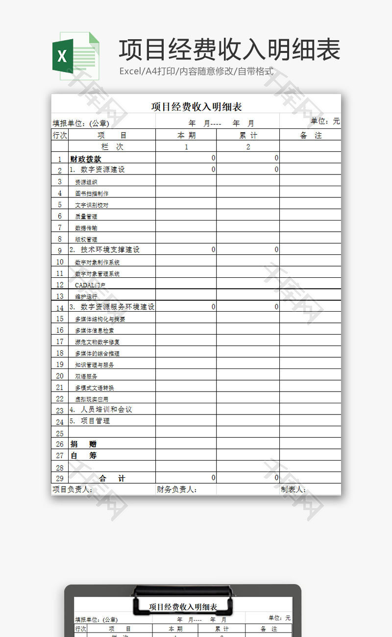 财务报表项目经费收入表excel模板