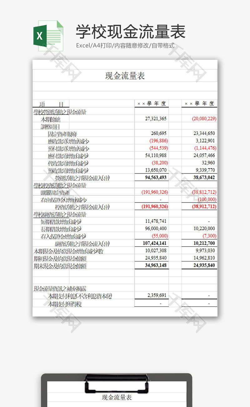 学校管理学校现金流量表Excel模板