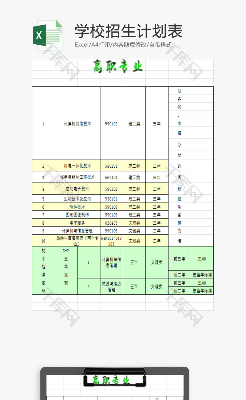 学校招生计划表EXCEL模板