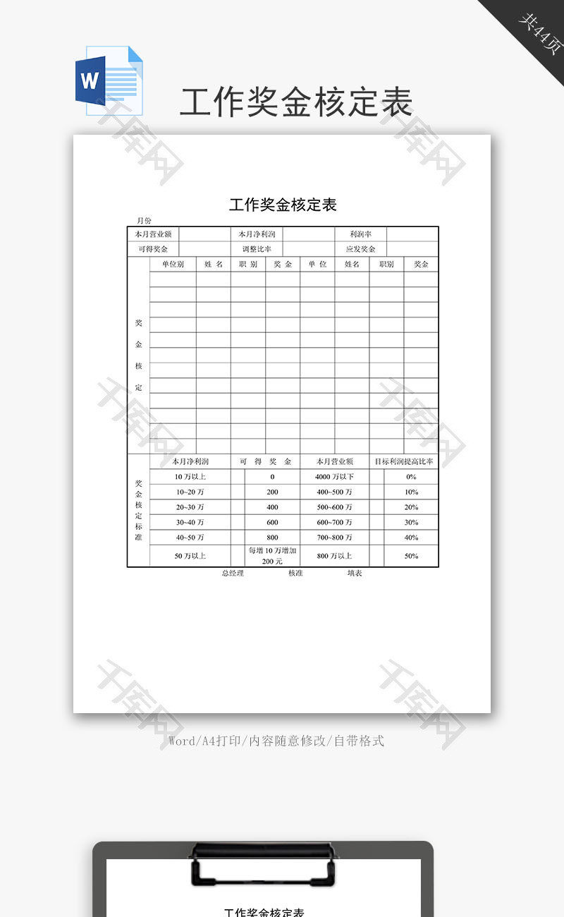 工作奖金核定表word文档