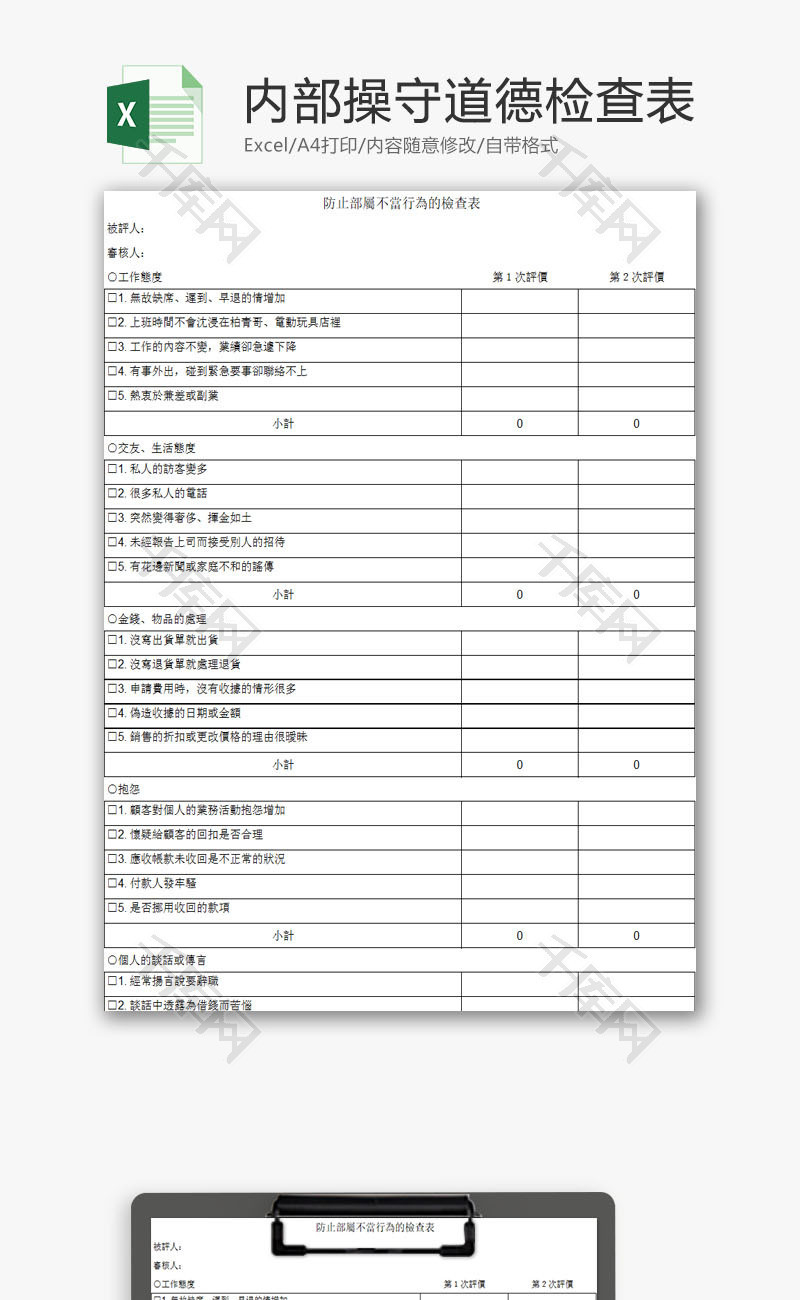 日常办公内部操守道德检查表Excel模板