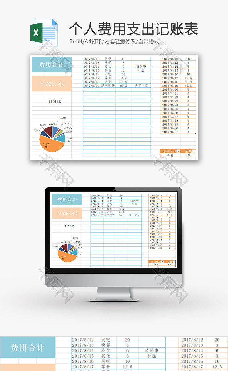 个人费用支出记账表Excel模板