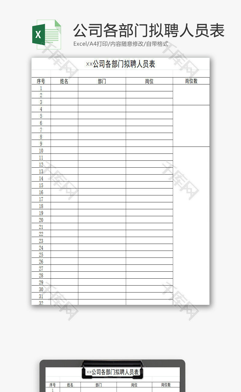 公司各部门拟聘人员表excel模板