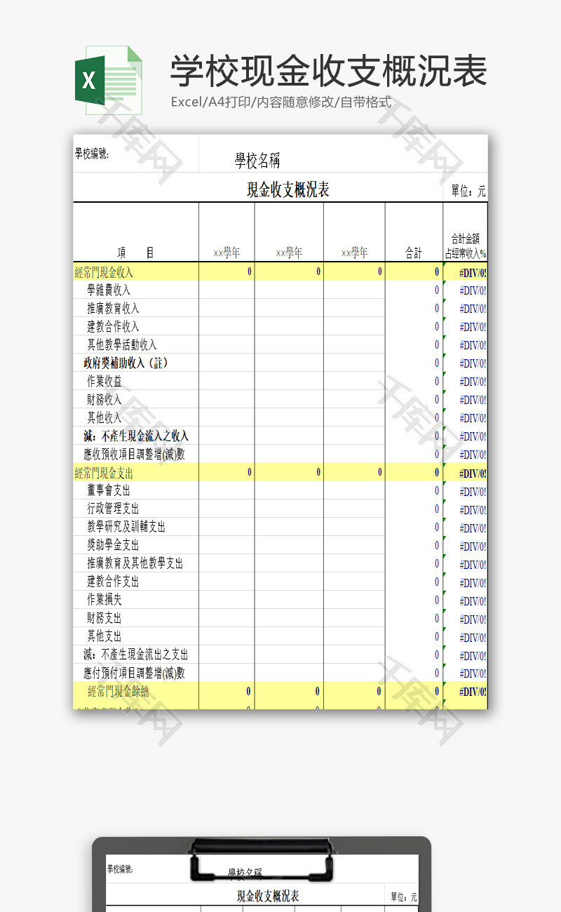 学校现金收支概況表EXCEL模板