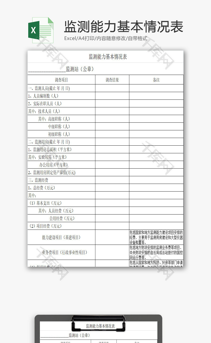 监测能力基本情况表EXCEL模板