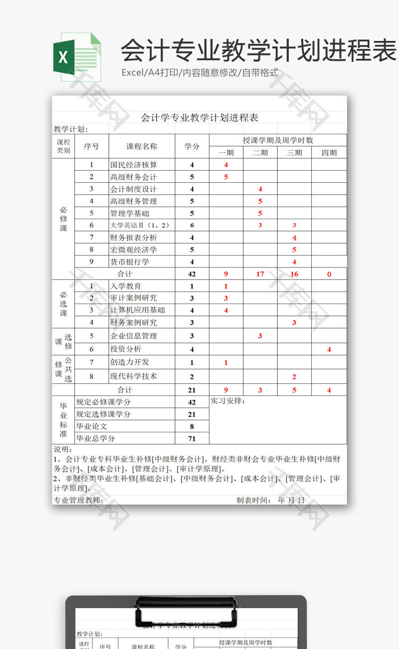 会计学专业教学计划进程表EXCEL模板