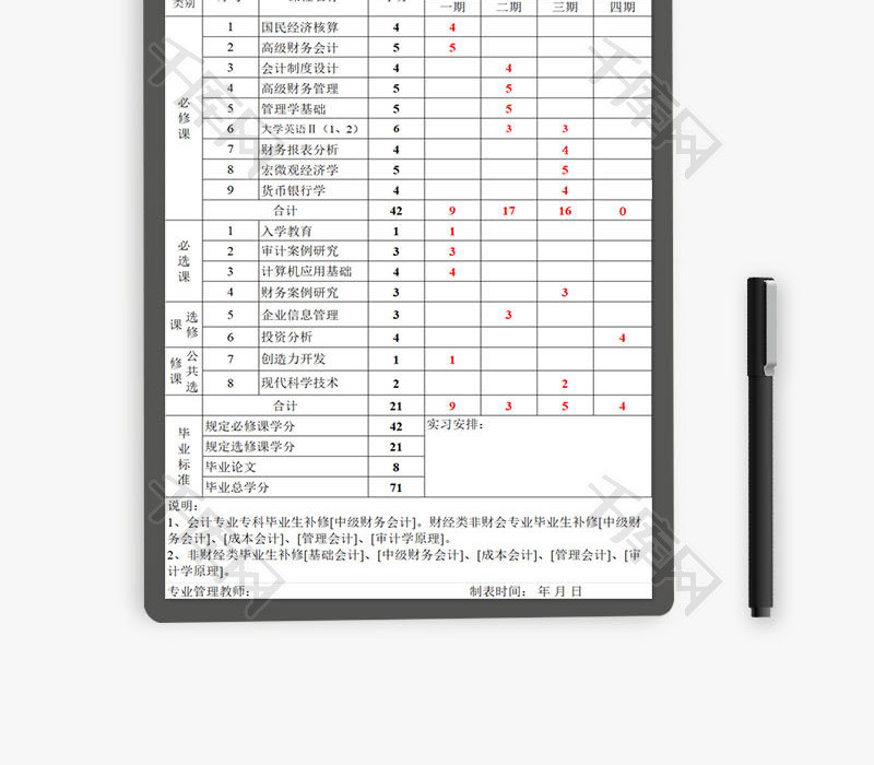 会计学专业教学计划进程表EXCEL模板