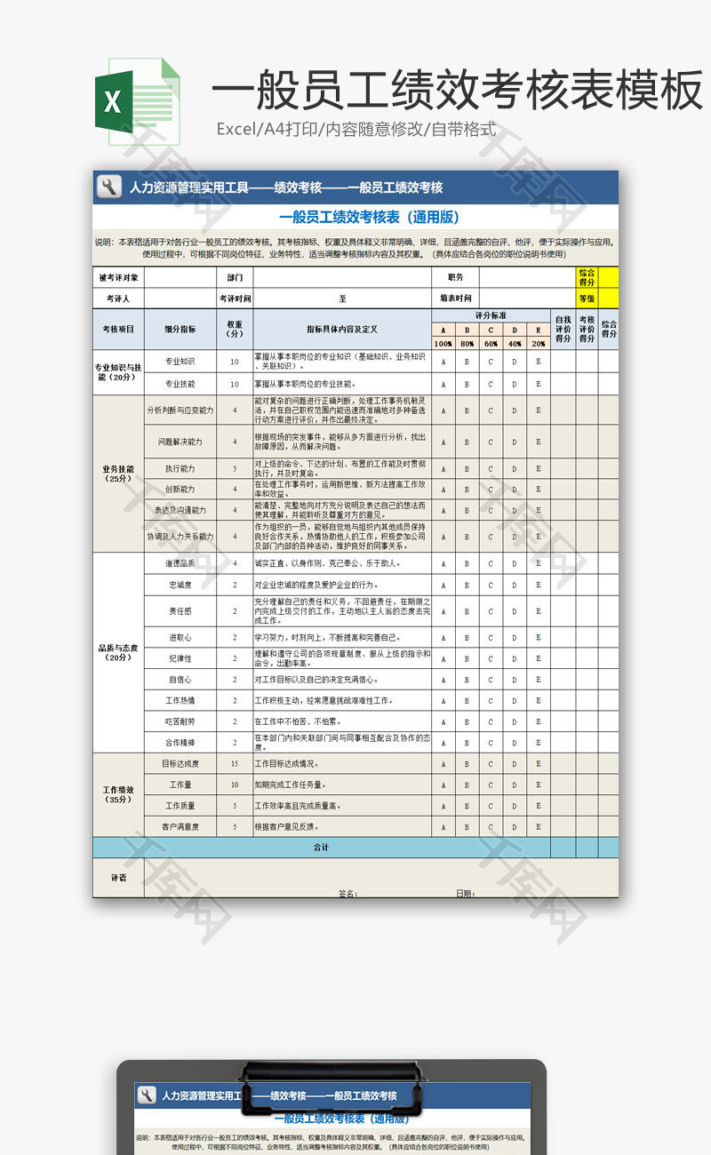 人力资源员工绩效考核表模板Excel模板