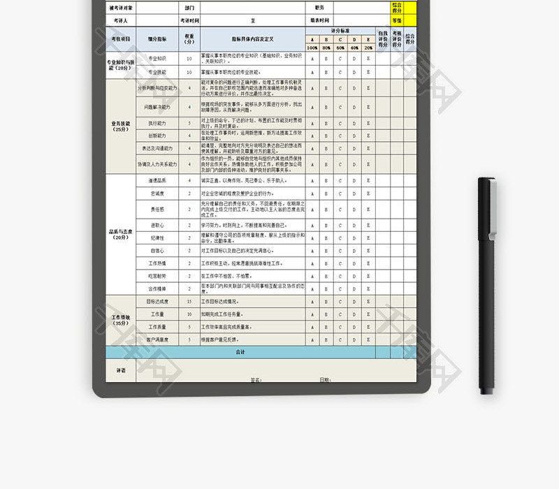 人力资源员工绩效考核表模板Excel模板