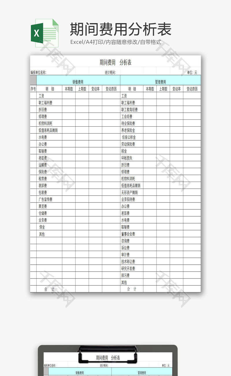 期间费用分析表EXCEL模板