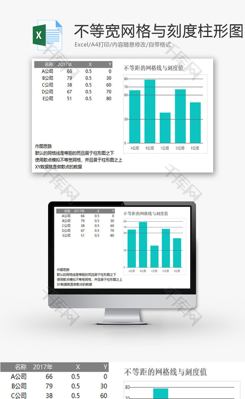 不等宽网格与刻度的柱形图EXCEL模板