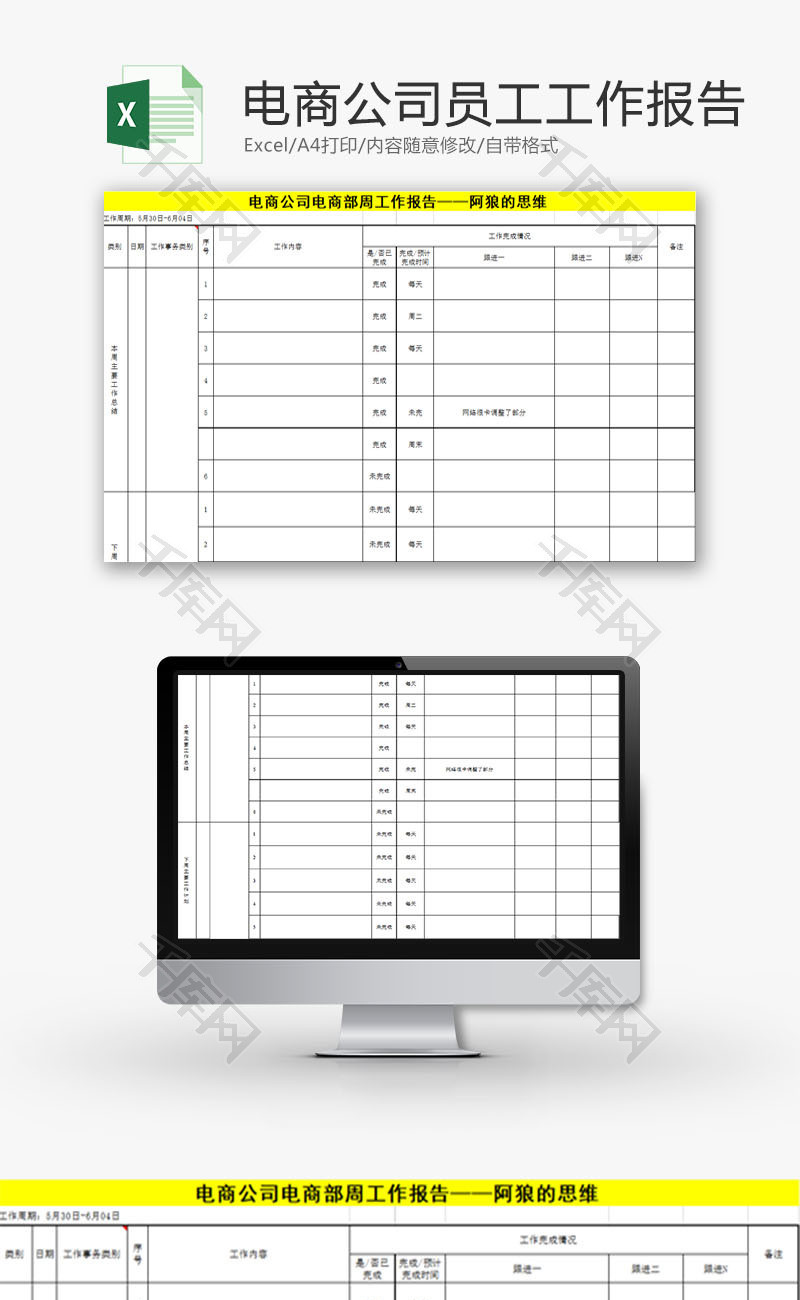 日常办公电商员工周工作报告Excel模版