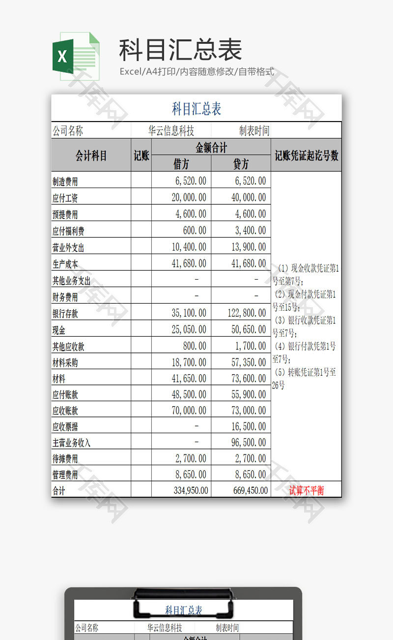 科目汇总表EXCEL模板