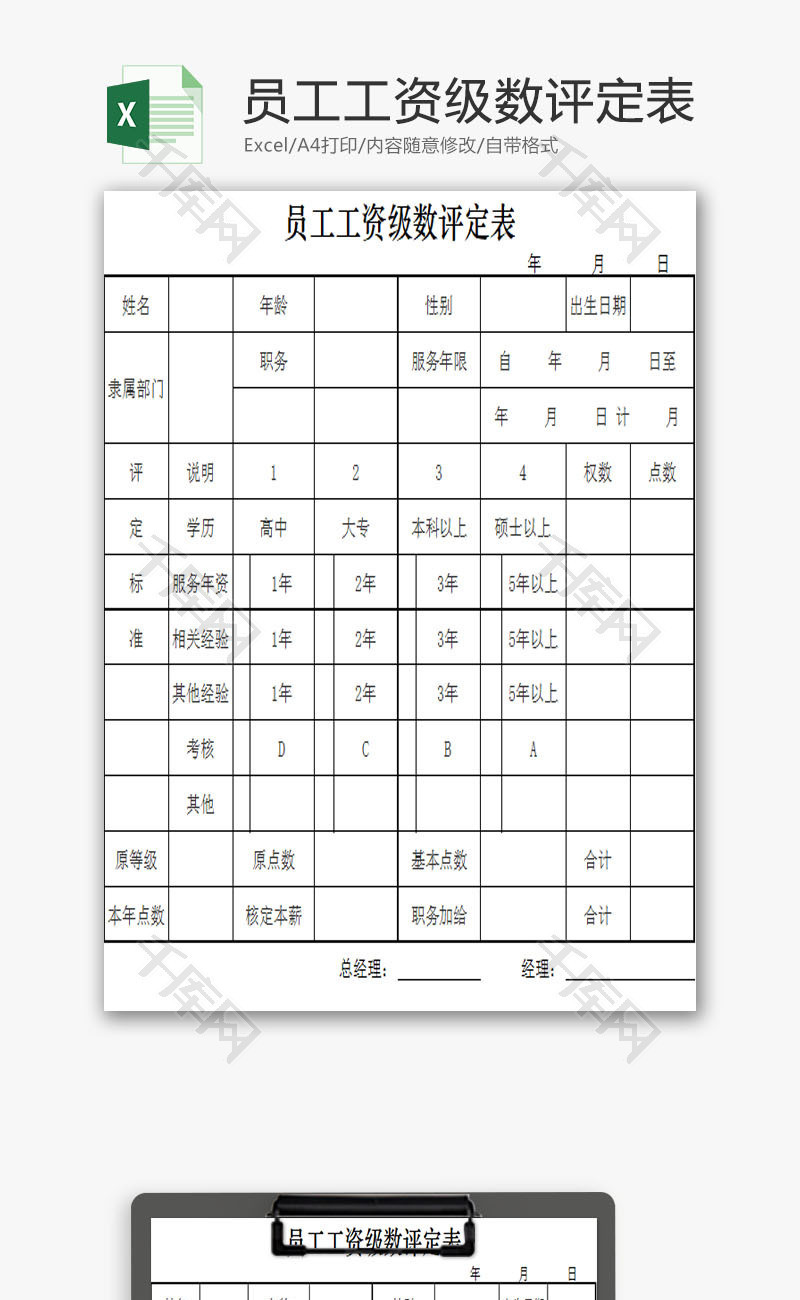 员工工资级数评定表EXCEL模板